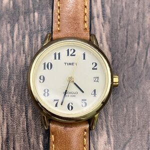Timex Classics Indiglo Gold-Tone Watch Brown Leather Strap Date WR30m T20071